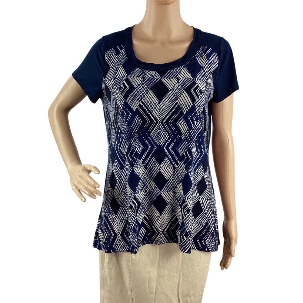 Susan Lawrence Navy Geometric Print Short Sleeve Top Size M